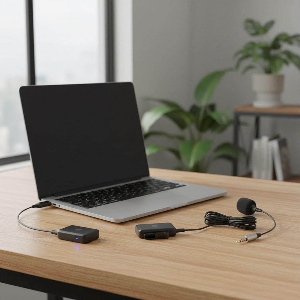 Micro cravate sans fil et récepteur USB-C branchés sur un PC portable