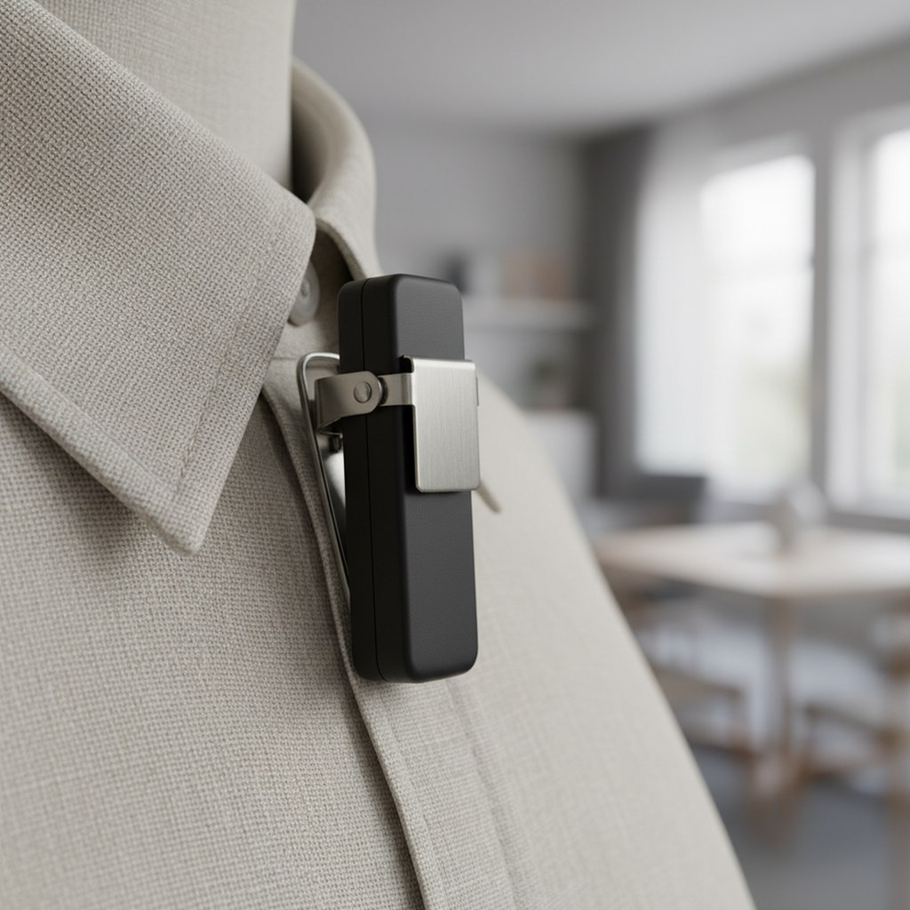 Émetteur de micro cravate sans fil clippé sur un col de chemise