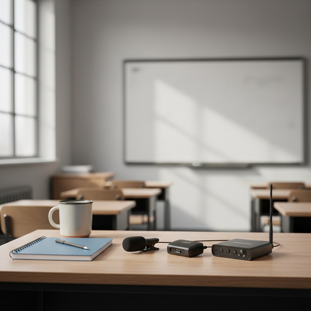 Micro cravate enseignant posé sur un bureau de classe