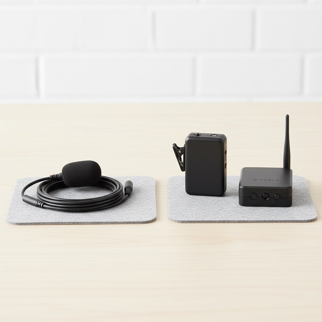 Micro cravate filaire avec câble à côté d'un kit micro cravate sans fil