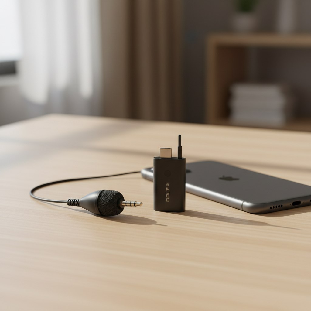 Micro cravate USB-C ou jack 3,5 mm posés près d'un smartphone