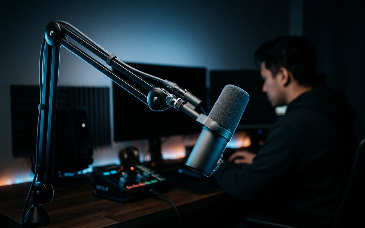 Micro sur bras articulé dans un setup de créateur de contenu