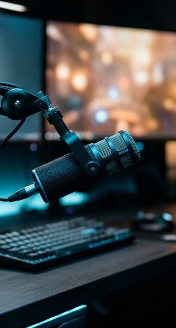 Micro en gros plan devant des écrans de streaming